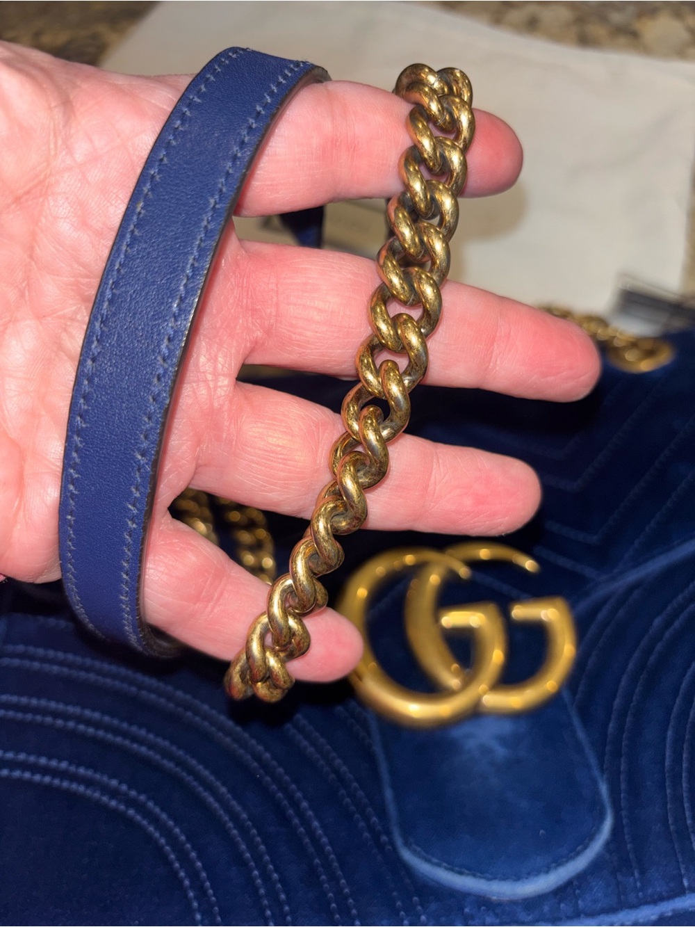 Gucci Navy Velvet GG LARGE Marmont Shoulder Bag with Gold Hardware - Picture 6 of 13